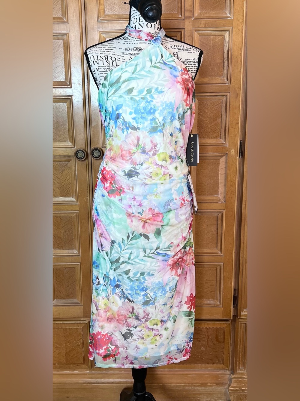 Seni & Cade Floral Halter Midi Dress NWT Ruched Mesh Pastel Watercolor XL